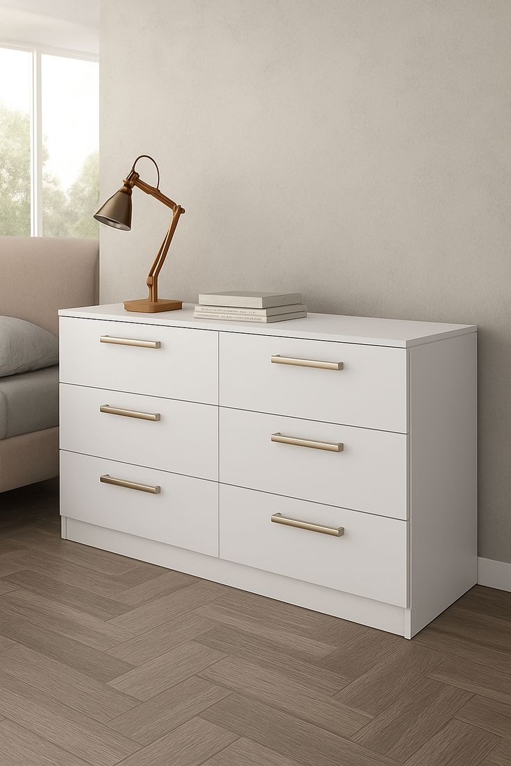 Elegant Double-Column Dresser with Warm Gold Bar Pulls