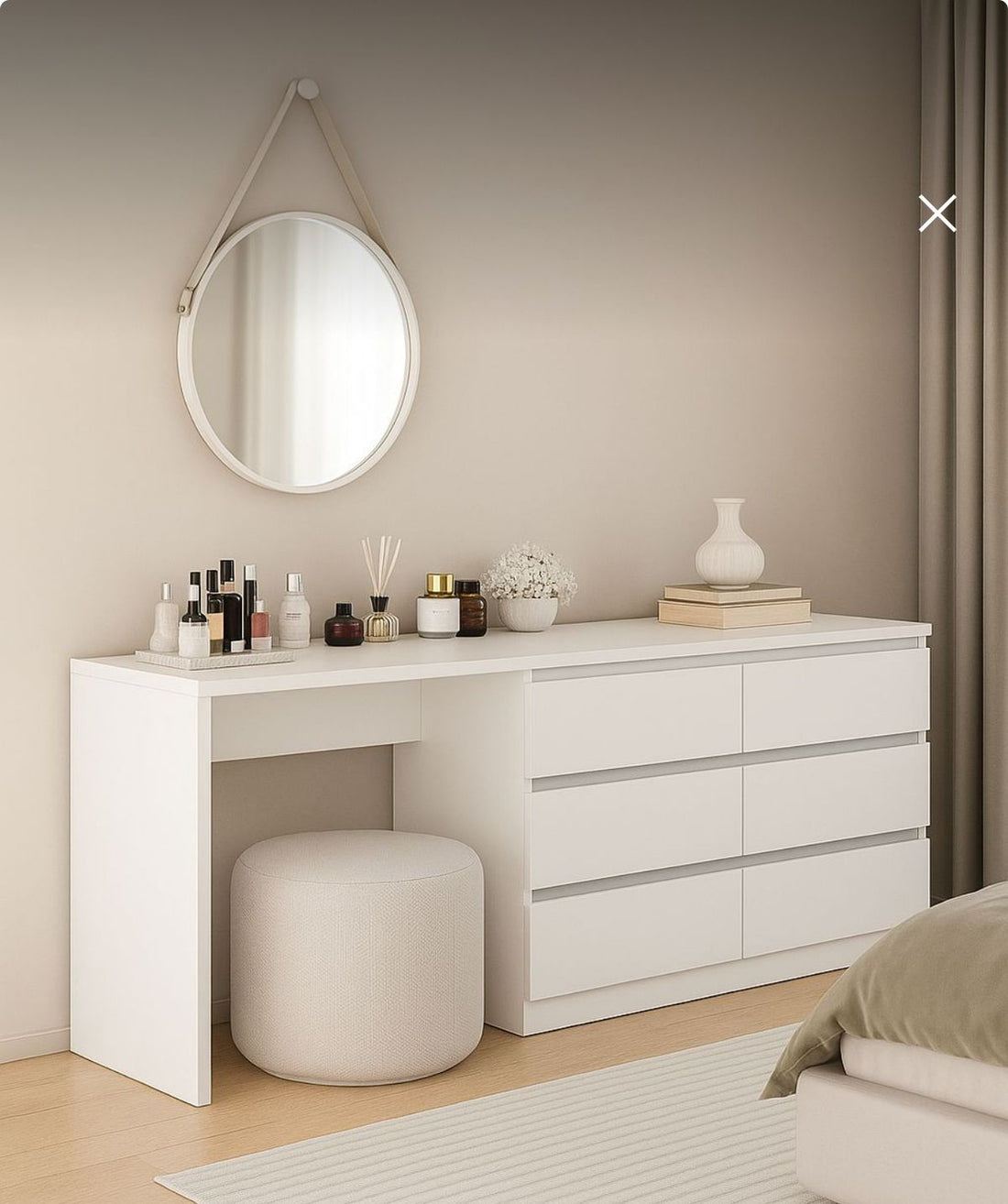 Long white dressing table with six-drawer chest and vanity desk