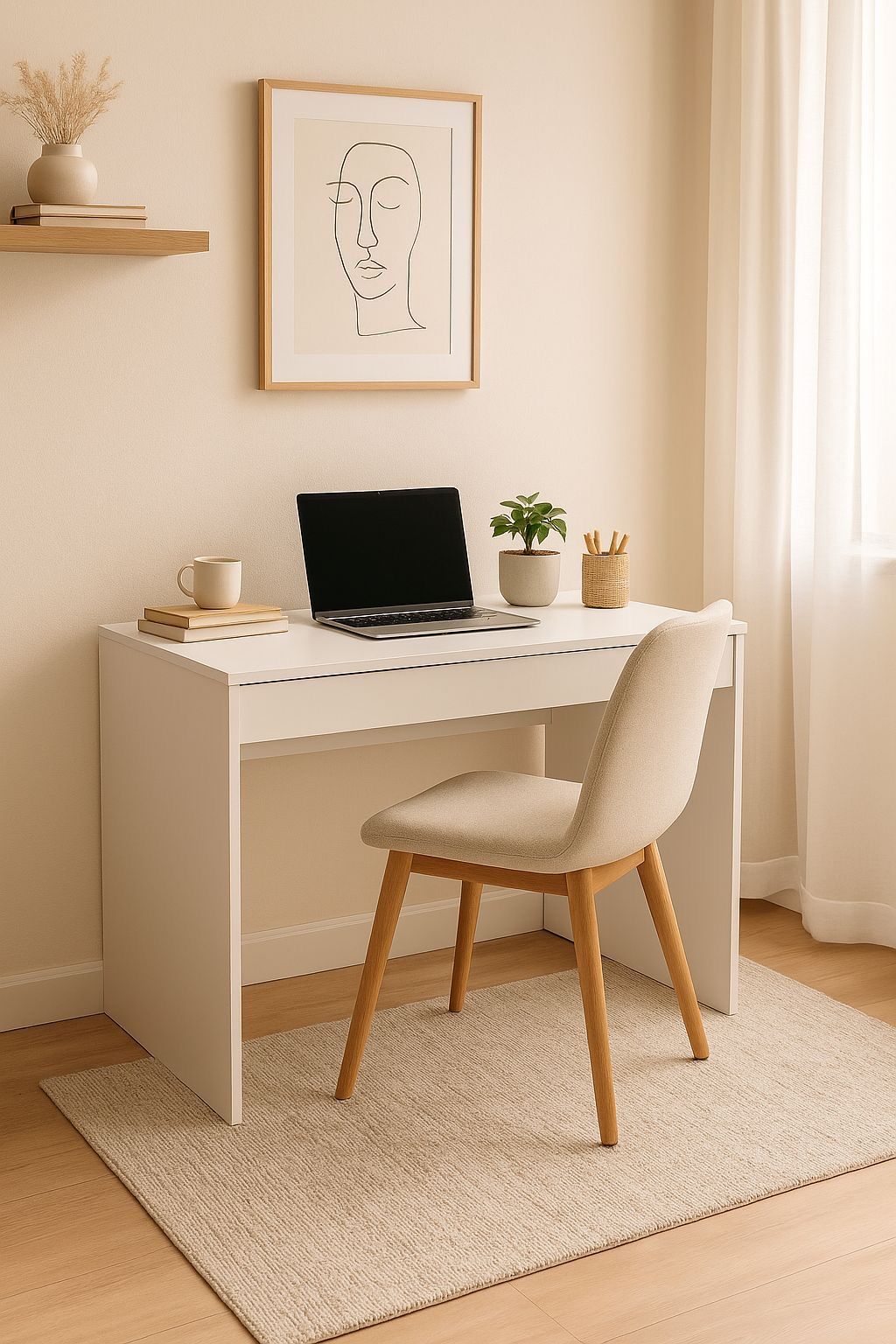 Compact white study desk with slim drawer