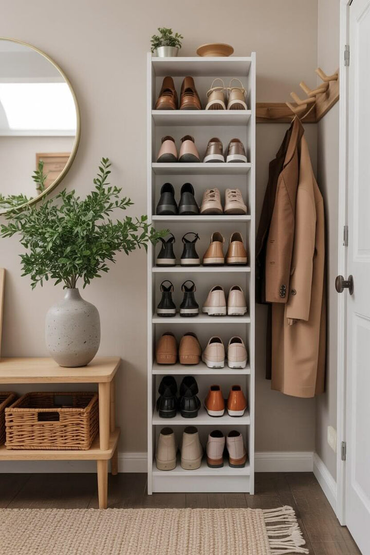 Ultra-Slim 9-Tier White Shoe Tower for Narrow Hallways