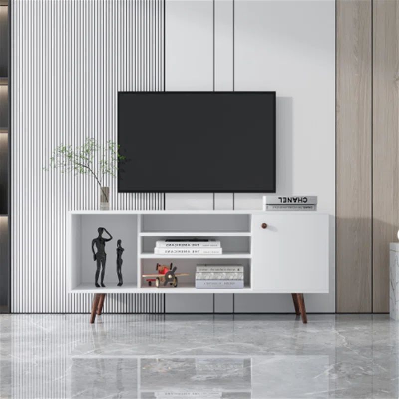 Modern Pure White TV Stand with Single Door & Open Display