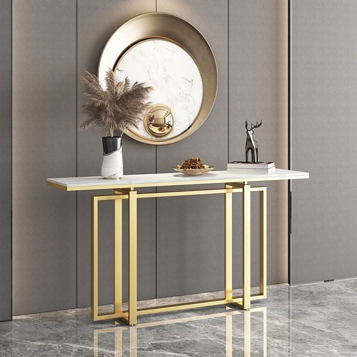 White Faux Marble Console Table with Dual Gold Rectangular Legs