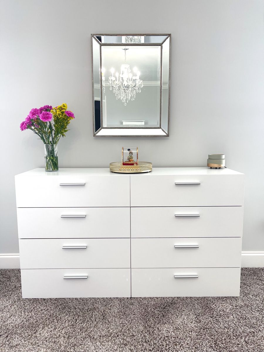Pure White 8-Drawer Credenza with Brushed Silver Bar Pulls