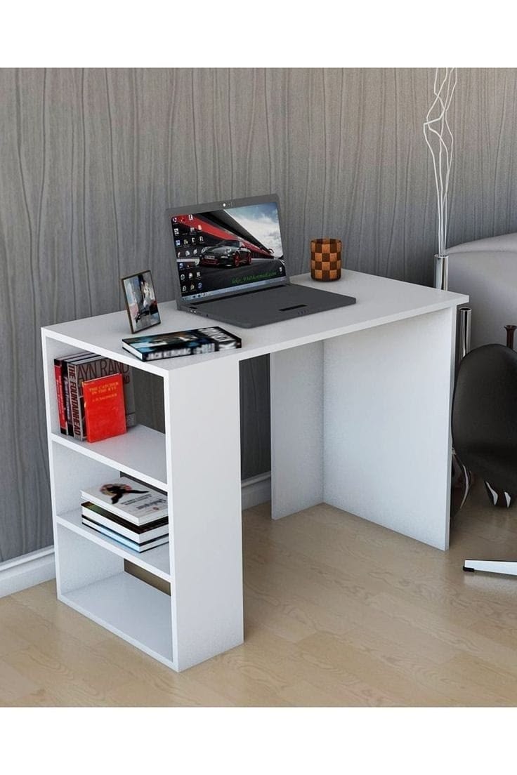 Compact white study table with three open side shelves