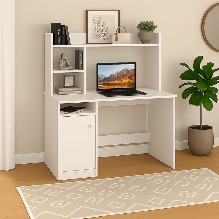 Modern White Study Desk with Built-In Bookshelf & Storage