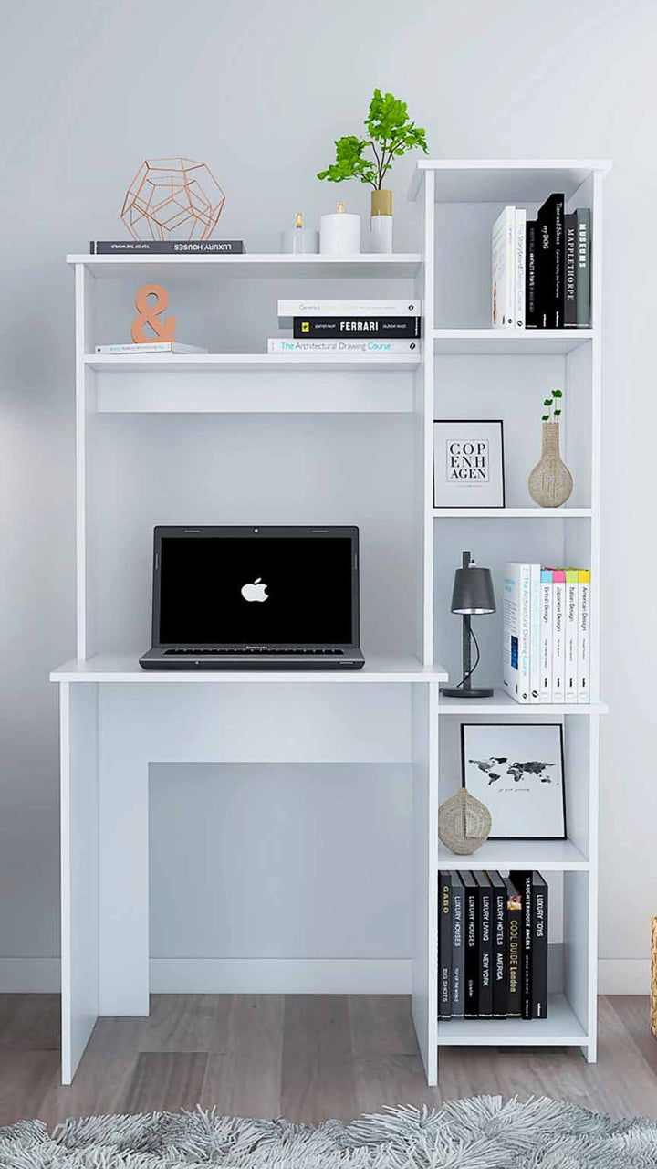 White study table with overhead shelves and tall side bookcase