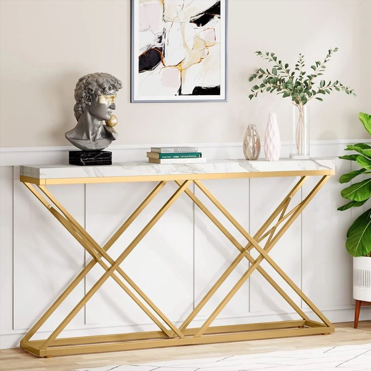 Modern Geometric Lattice Entryway Table in Brass Finish
