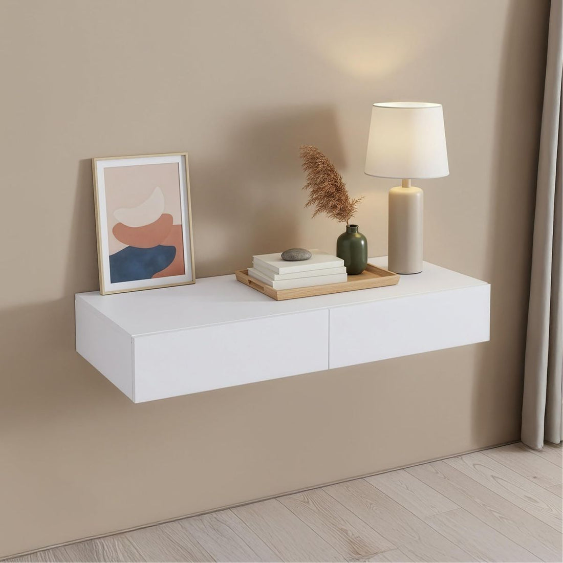 Ultra-Clean Floating White Console Shelf with Push-to-Open Drawers