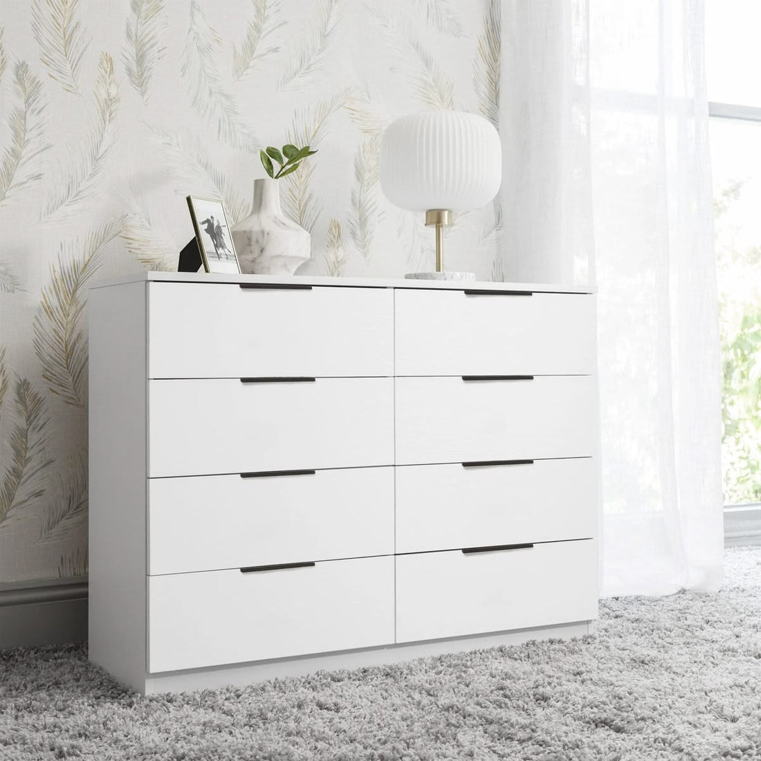 White 8-Drawer Double-Wide Bedroom Credenza Dresser