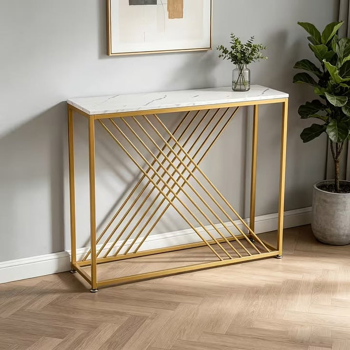 White Marble Console with Gold Cross-Hatch Base