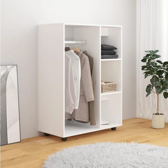 White open baby wardrobe on wheels with hanging rail and three shelves