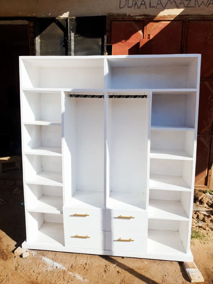 Large white open baby wardrobe with double hanging rails, shelves and four drawers