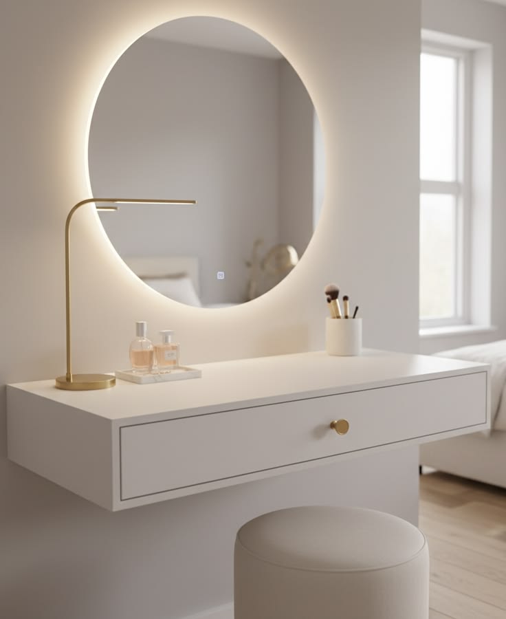 Matte White Floating Vanity Table with Brushed Gold Knob