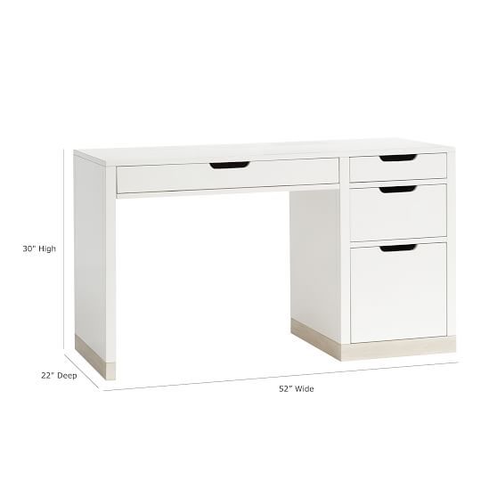 White study desk with wide top drawer, side drawers and file drawer