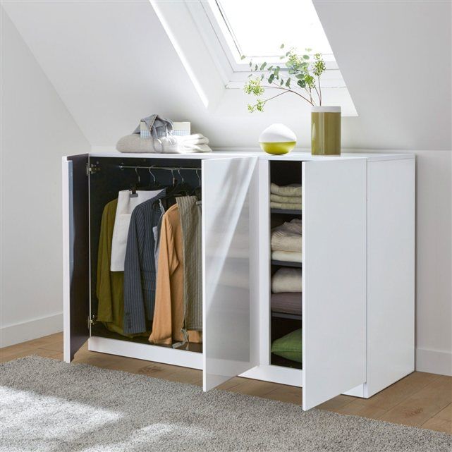 Low wide glossy white baby wardrobe with hanging rail and shelves