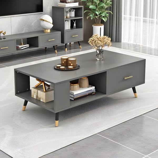 Modern Mid-Century Center Table with Gold-Tipped Tapered Legs