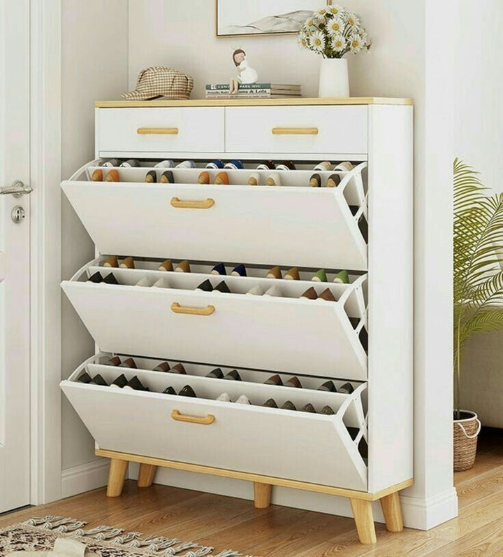 Modern White & Natural Oak 3-Tier Flip Shoe Storage Organizer