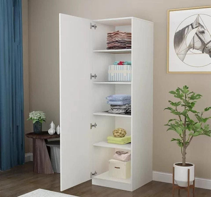 Tall slim white baby wardrobe with single door and five shelves