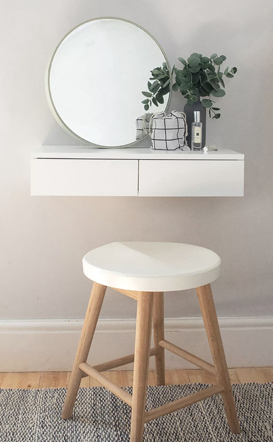 Compact Floating White Vanity Table with Dual Split Drawers