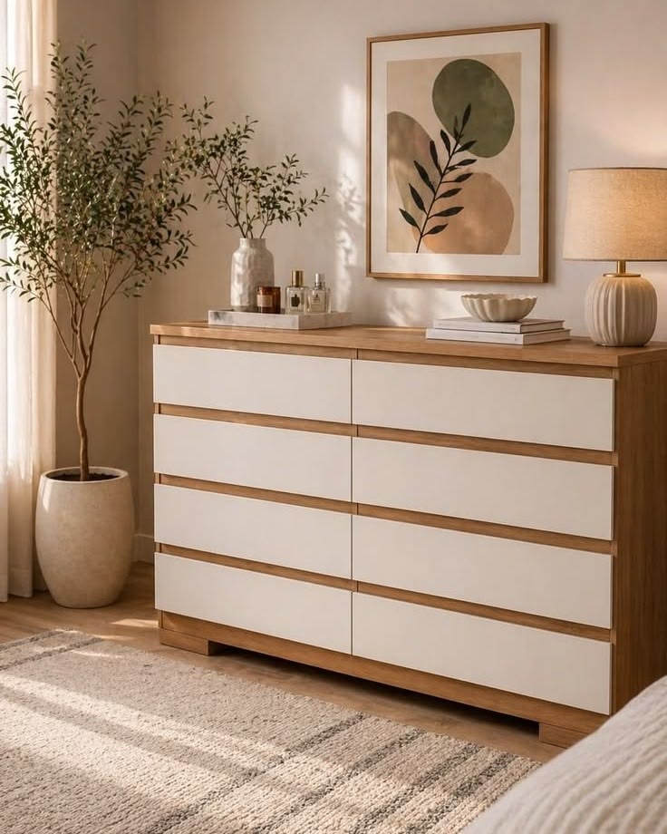 Warm Oak Framed 8-Drawer Dresser with White Flush Fronts