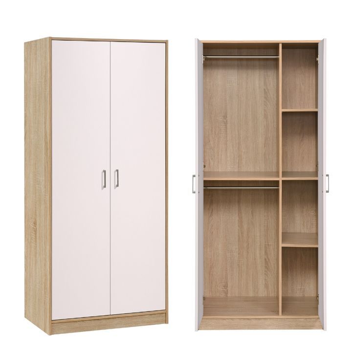 Modern 2-Door Wardrobe – White & Oak Bedroom Storage Cabinet