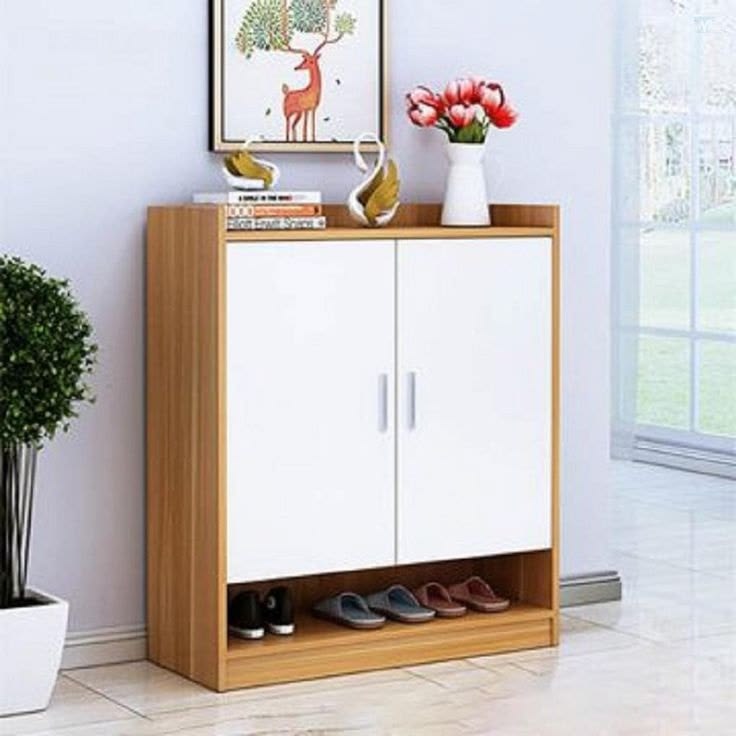 Two-Tone Light Oak & White 2-Door Shoe Storage Cabinet