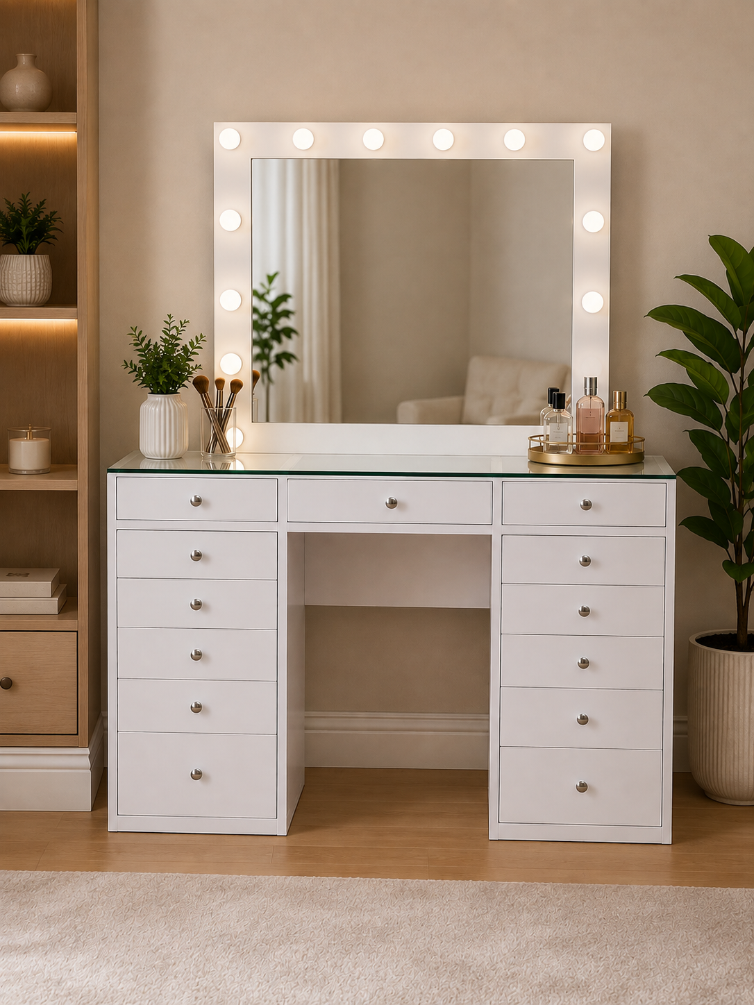13 Drawer Modern White Dressing Table with Mirrior | Makeup Vanity Desk