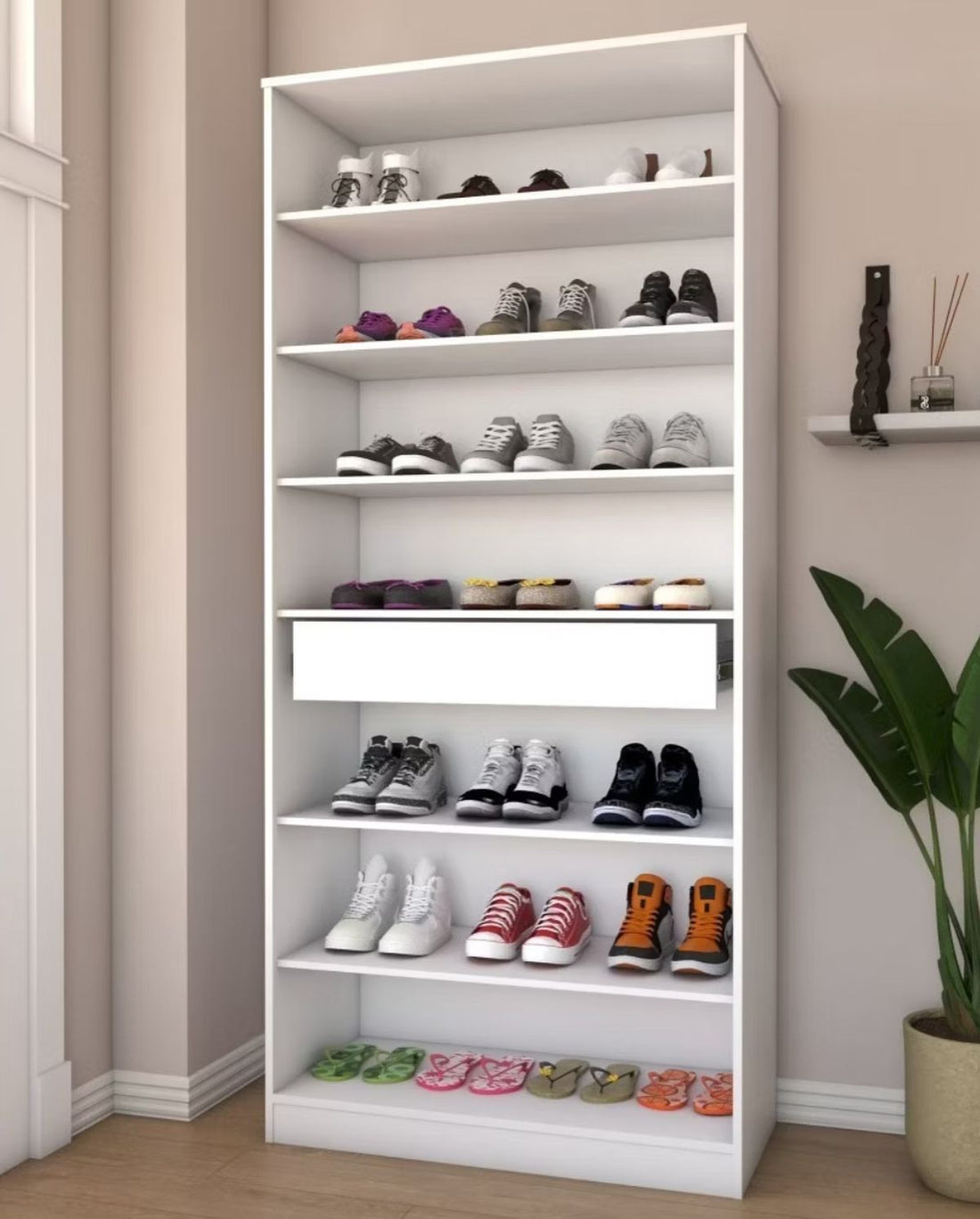 Tall White 7-Shelf Shoe Tower Unit with Center Storage Drawer
