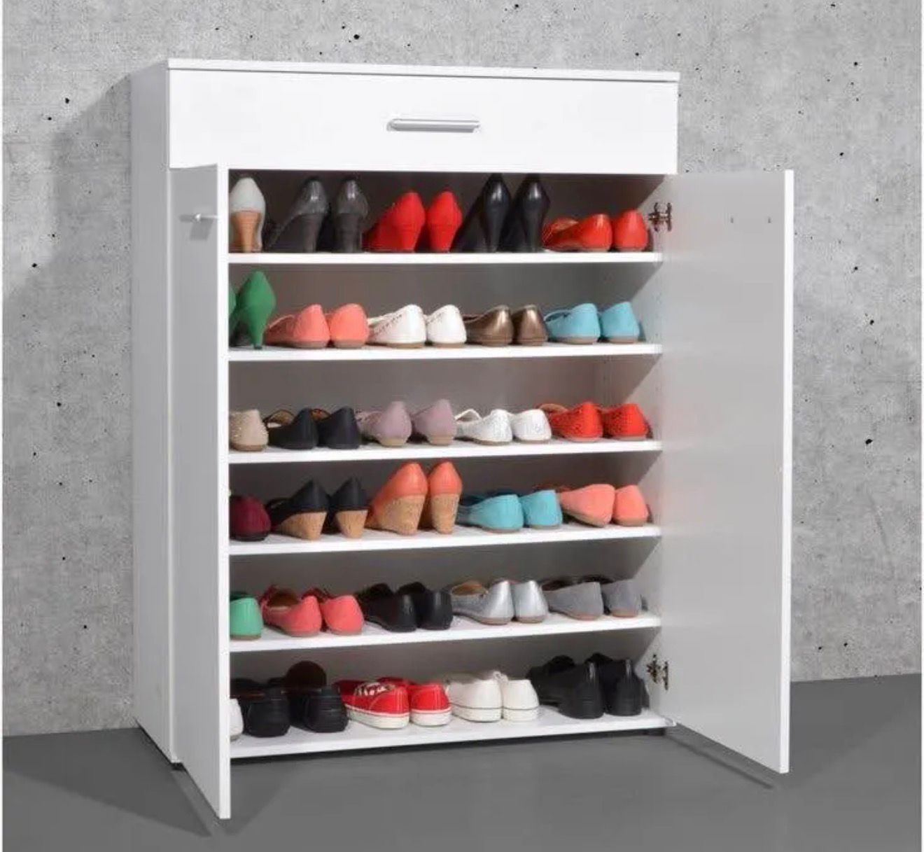 Modern Shoe Rack Cabinet with Drawer | Covered Shoe Storage Organizer (44 x 30 x 12 in) – White