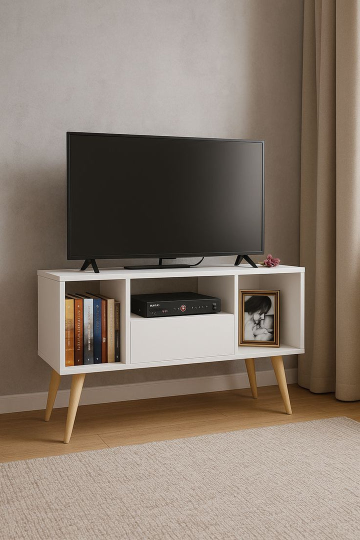 Space-Saving White TV Stand with Tapered Wooden Legs