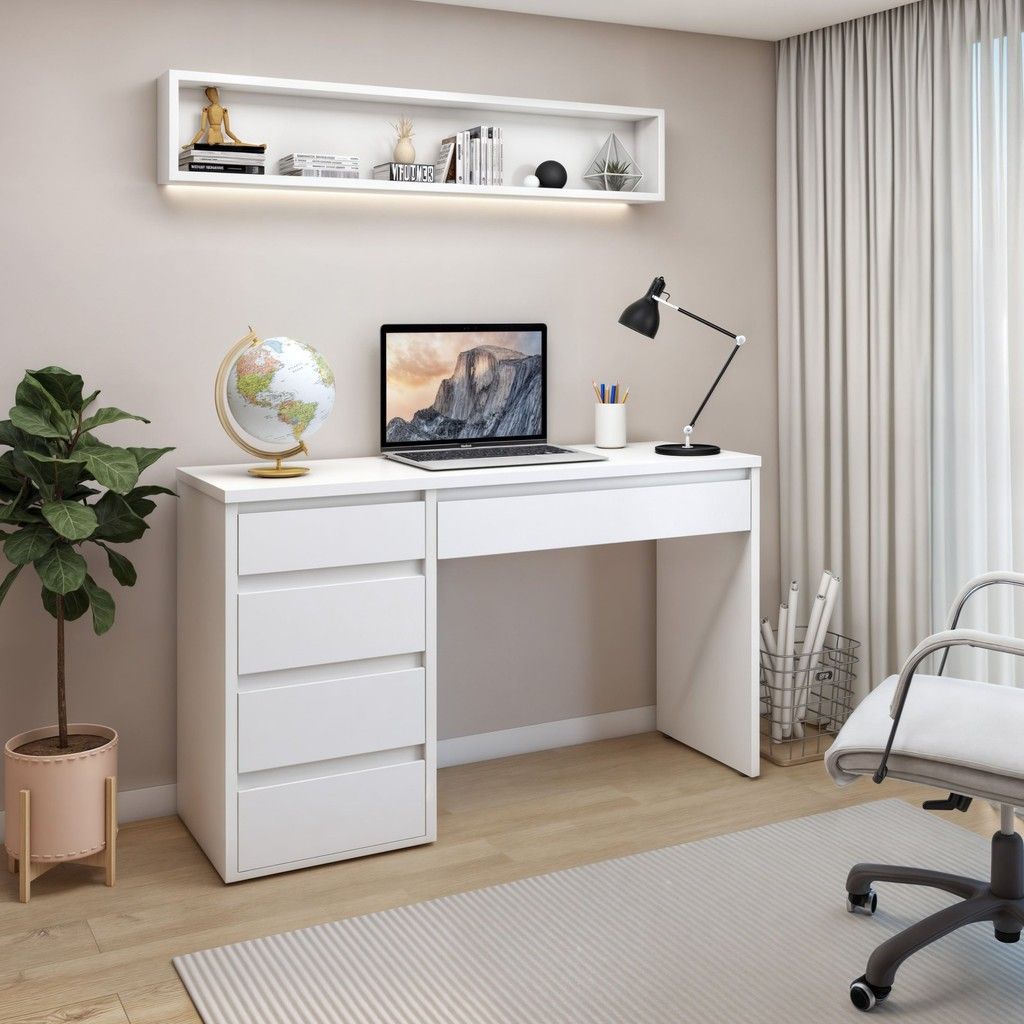 Modern Minimalist White Study Desk with 4-Drawer Storage