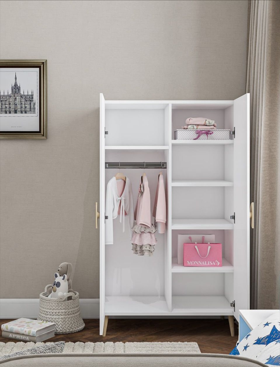 Glossy white two-door baby wardrobe with wooden legs, hanging rail and shelves