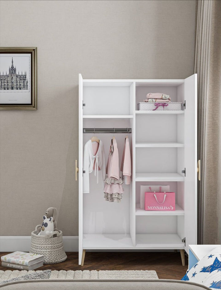 Glossy white two-door baby wardrobe with wooden legs, hanging rail and shelves
