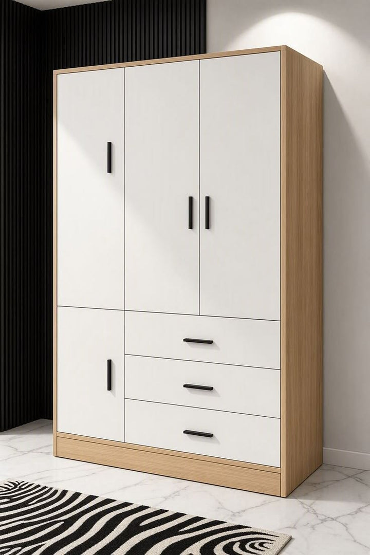 Modern White & Oak Wardrobe with 3 Drawers – 4-Door Bedroom Storage Cabinet