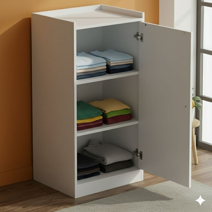 White single-door baby cabinet with three shelves
