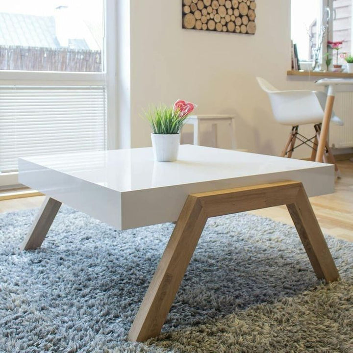 Gloss White Square Coffee Table with Angled Wooden Legs