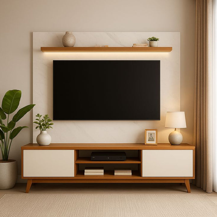 Two-Tone TV Console Set with Integrated Wall Panel