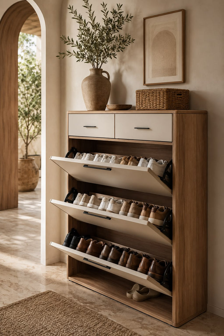 Natural Oak & Cream 3-Flip Drawer Shoe Cabinet