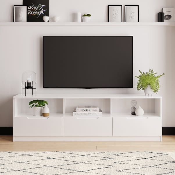 Pure White 3-Drawer TV Stand with Upper Open Cubbies