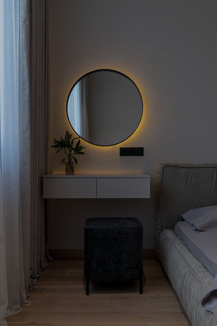 Mood-Lit Floating Bedroom Vanity Desk in Soft Off-White