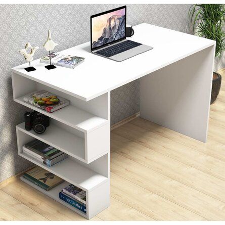 Modern white study table with staggered open shelves