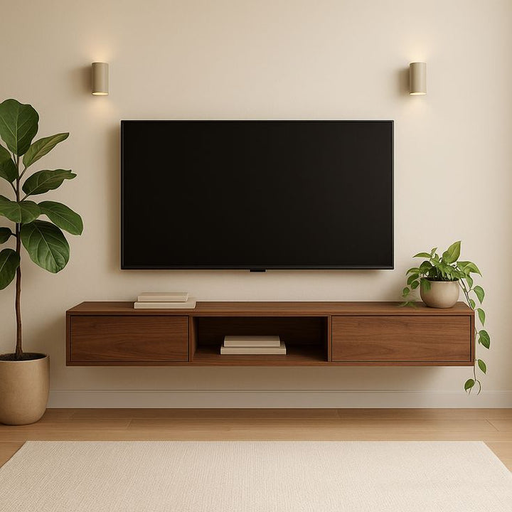 Floating Dark Walnut TV Stand with Center Open Shelf