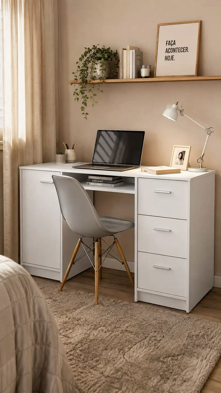 Dual-Cabinet White Study Desk with Center Keyboard Nook