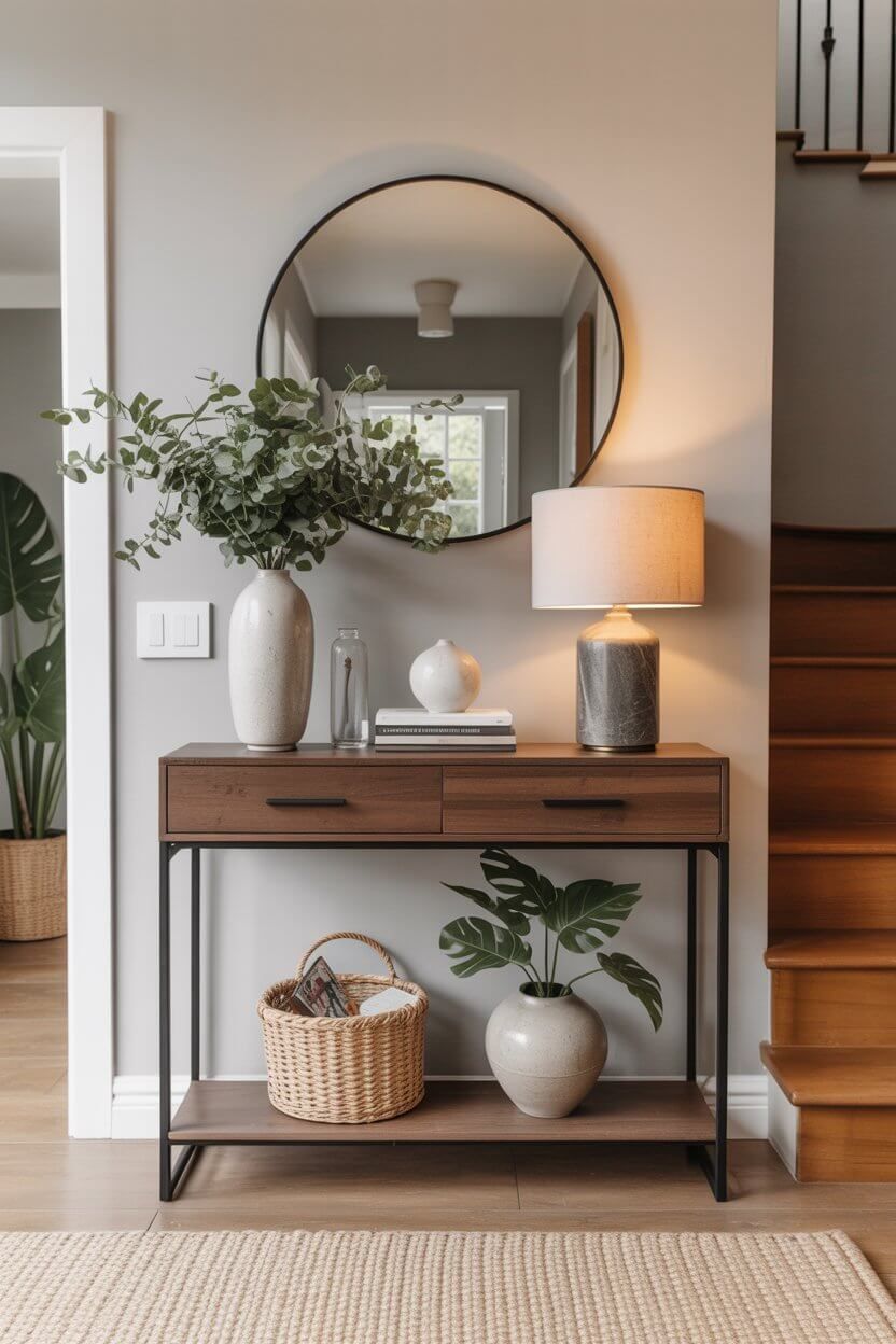 Industrial Timber Hallway Console Table with Black Metal Frame
