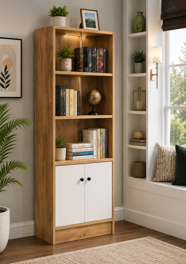 Modern Wooden Bookshelf with Storage Cabinet