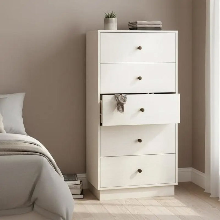 Off-White Wood-Grain 5-Drawer Highboy Chest of Drawers