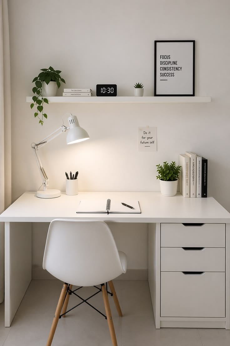 Cutout-Handle White Study Desk with Integrated 3-Drawer Unit