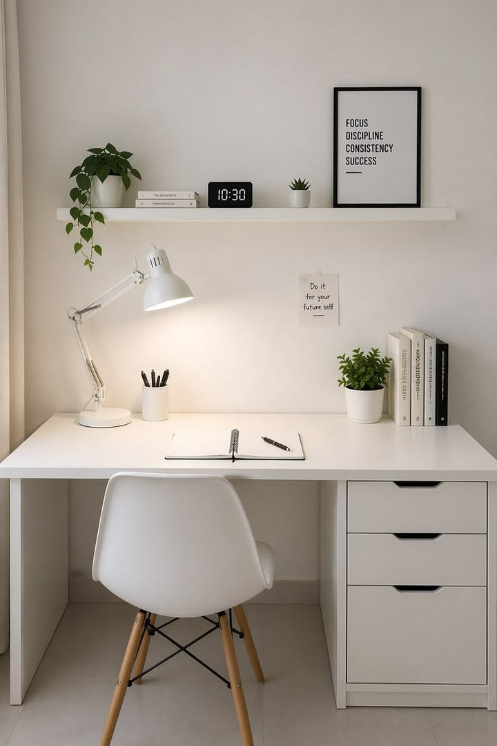 Cutout-Handle White Study Desk with Integrated 3-Drawer Unit