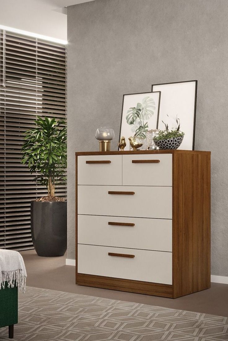 Warm Walnut & Off-White 5-Drawer Hybrid Chest of Drawers