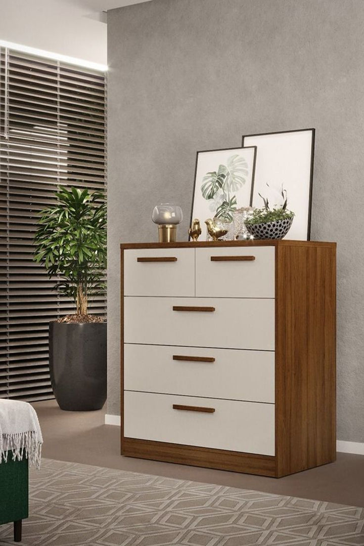 Warm Walnut & Off-White 5-Drawer Hybrid Chest of Drawers